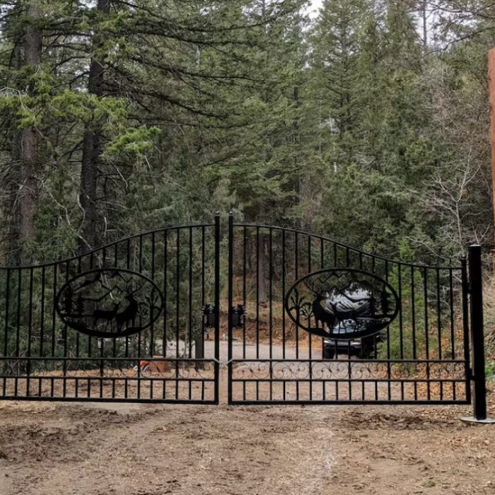 Driveway Gate - 20 foot wide - Deer Scene - Dual Swing Wrought Iron Gate for Driveway