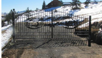 Driveway Gate - 14 foot wide - Deer Scene  - Dual Swing Wrought Iron Gate for Driveway