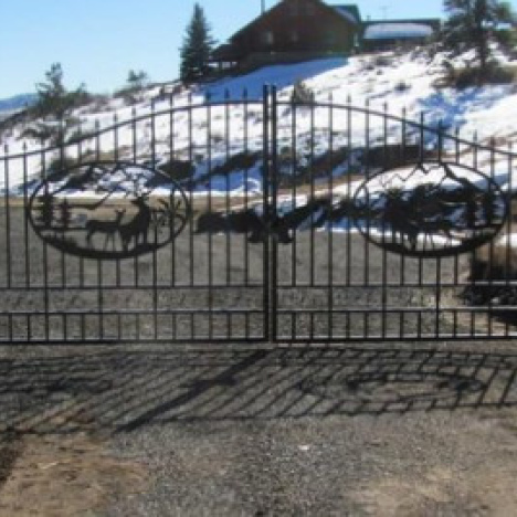 Driveway Gate - Deer Scene 14 foot wide - Dual Swing Wrought Iron Gate for Driveway