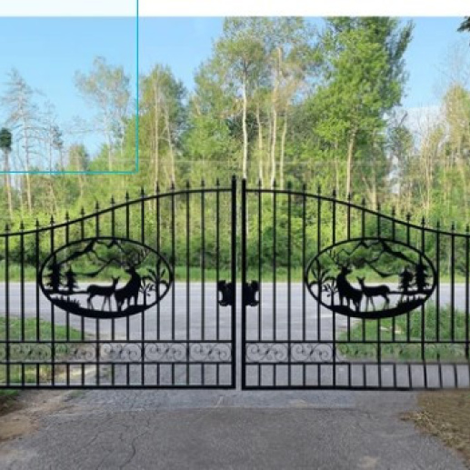 Driveway Gate - 20 foot wide - Deer Scene  - Dual Swing Wrought Iron Gate for Driveway