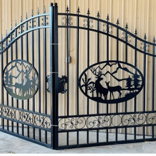 Driveway Gate - 14 foot wide - Deer Scene  - Dual Swing Wrought Iron Gate for Driveway